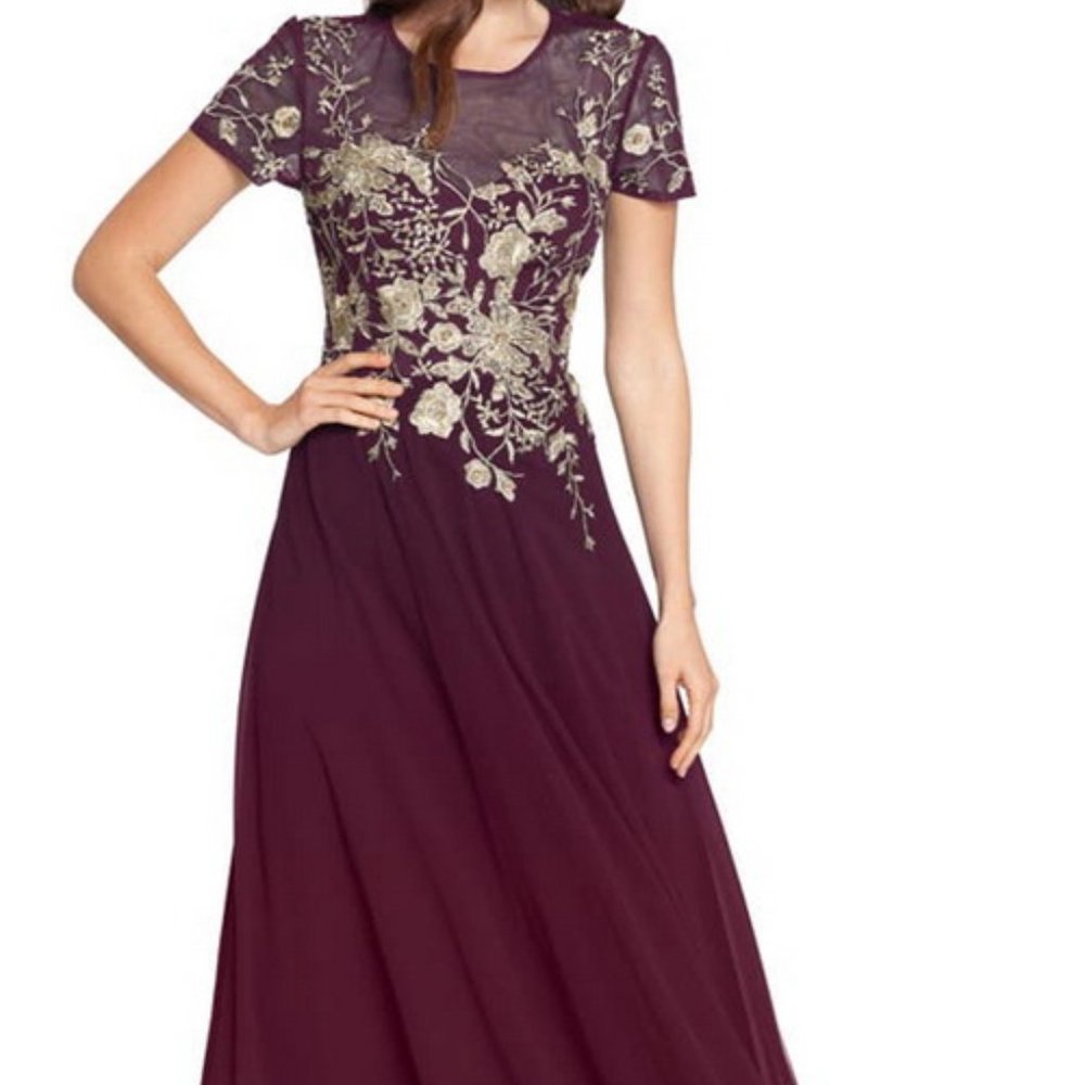 Betsy & Adam Formal Burgundy Maxi Dress with Gold Floral Embroidery